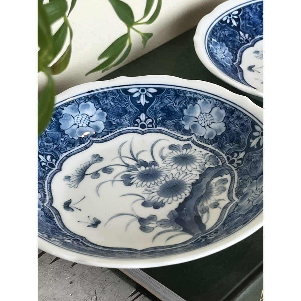 Vintage Japanese Set Of 2 Rice Soup Bowl Blue/White Flowers Design Home Decor - Picture 2 of 10